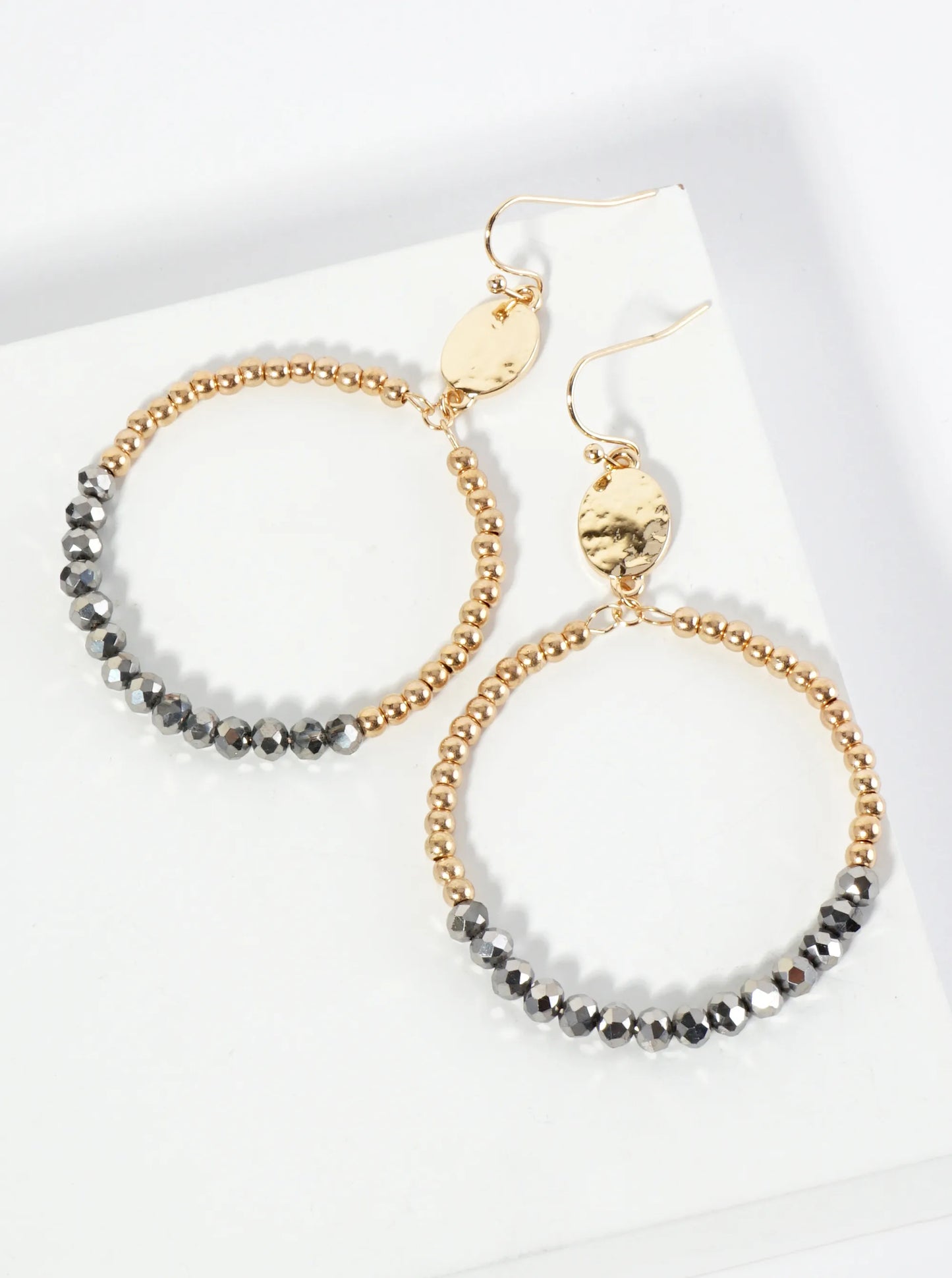Circle Drop Earrings Wrapped In Glass Beads And Metallic Beads