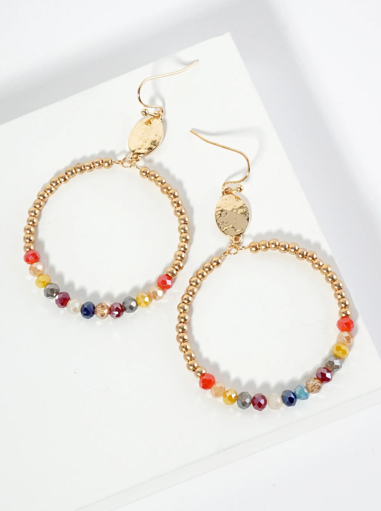 Circle Drop Earrings Wrapped In Glass Beads And Metallic Beads