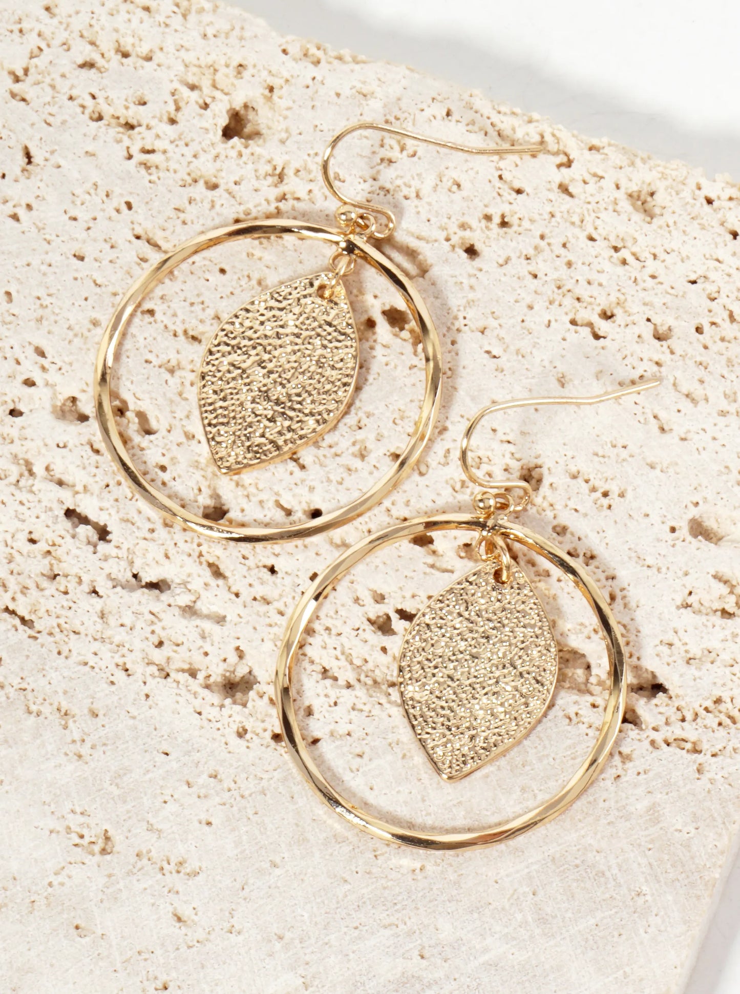 Circle Drop Earrings With Textured Marquise Center