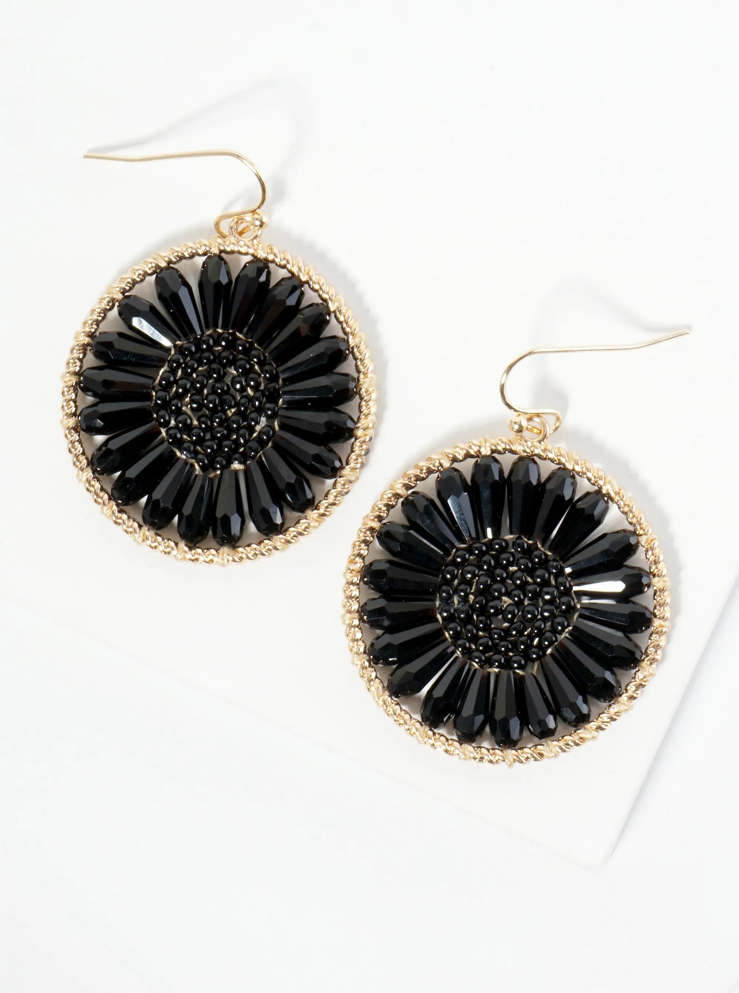 Circle Earrings With Glass Beads Woven Into A Flower Shape
