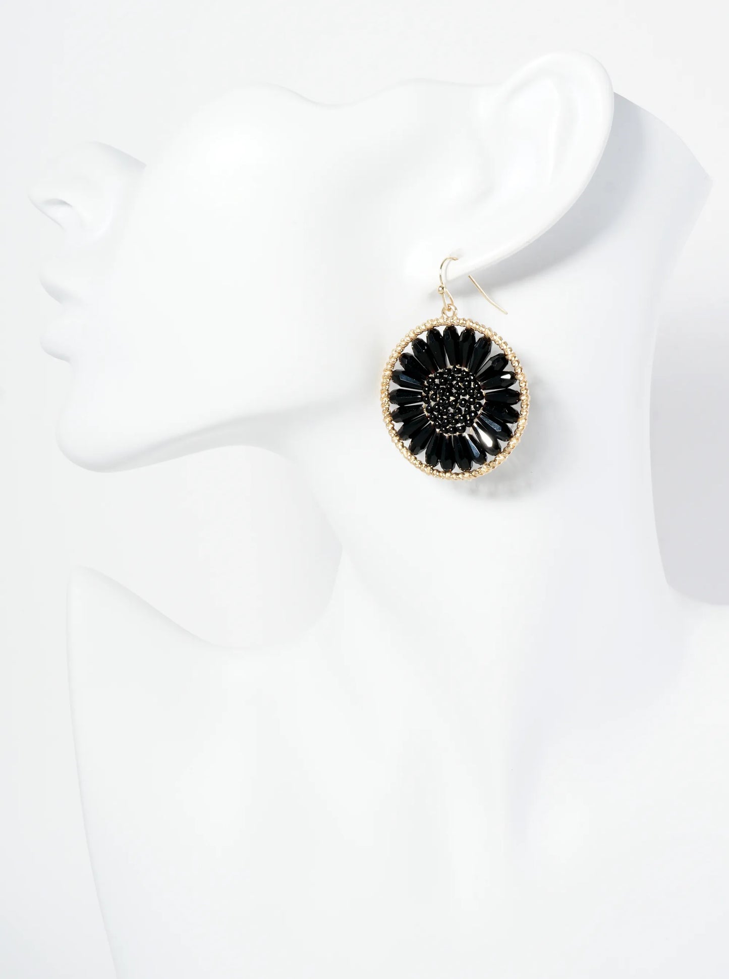 Circle Earrings With Glass Beads Woven Into A Flower Shape