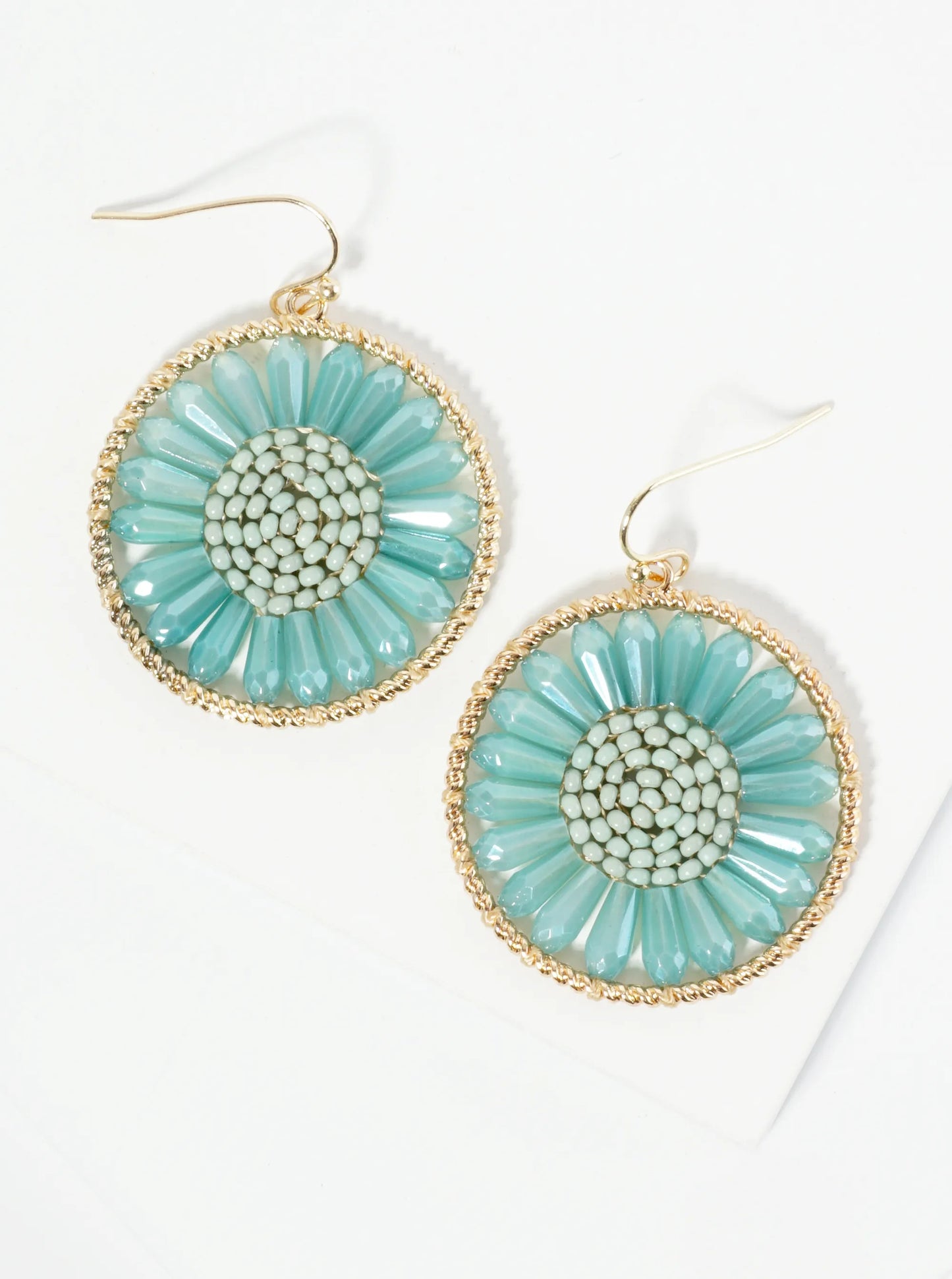 Circle Earrings With Glass Beads Woven Into A Flower Shape