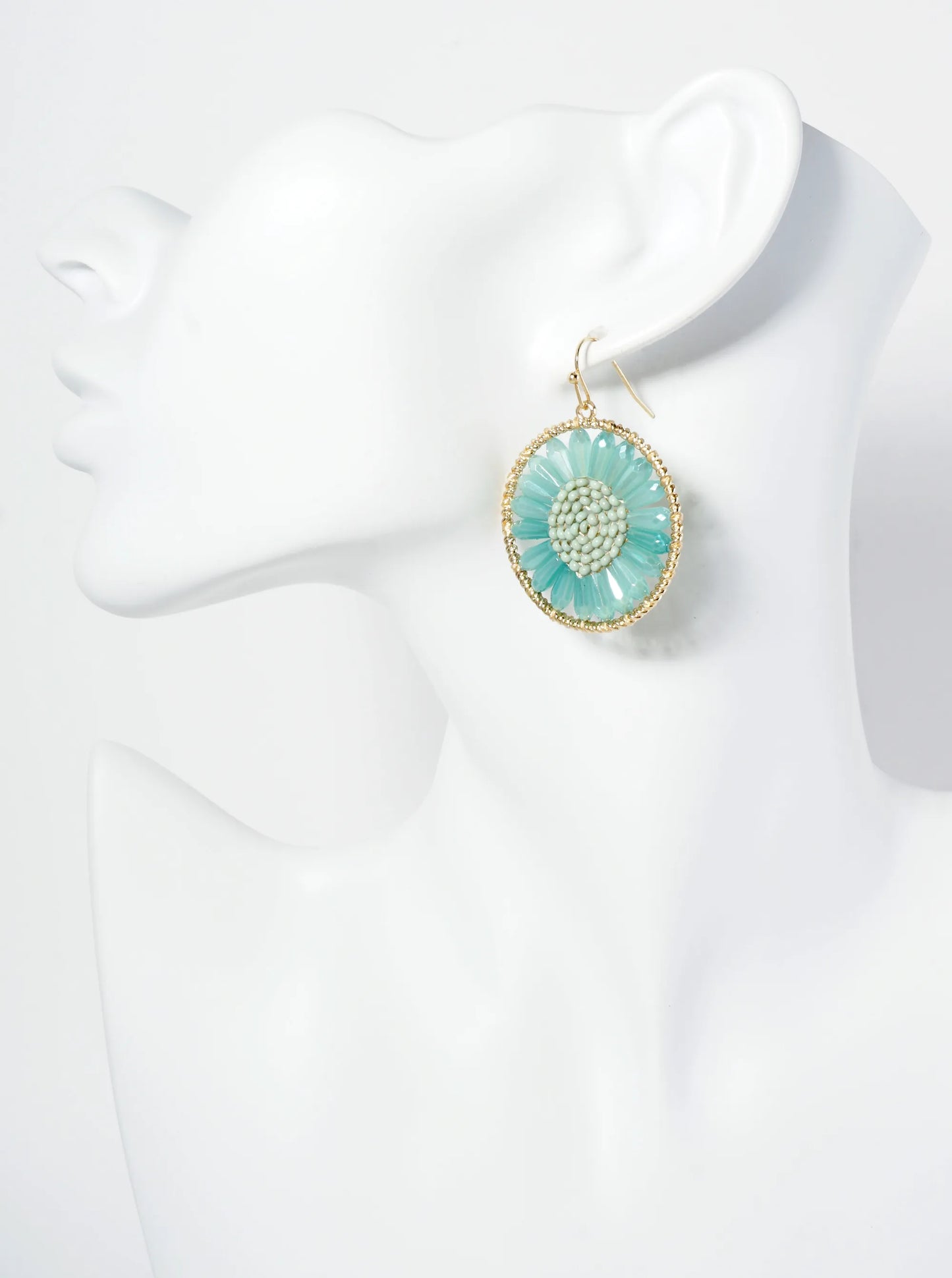 Circle Earrings With Glass Beads Woven Into A Flower Shape