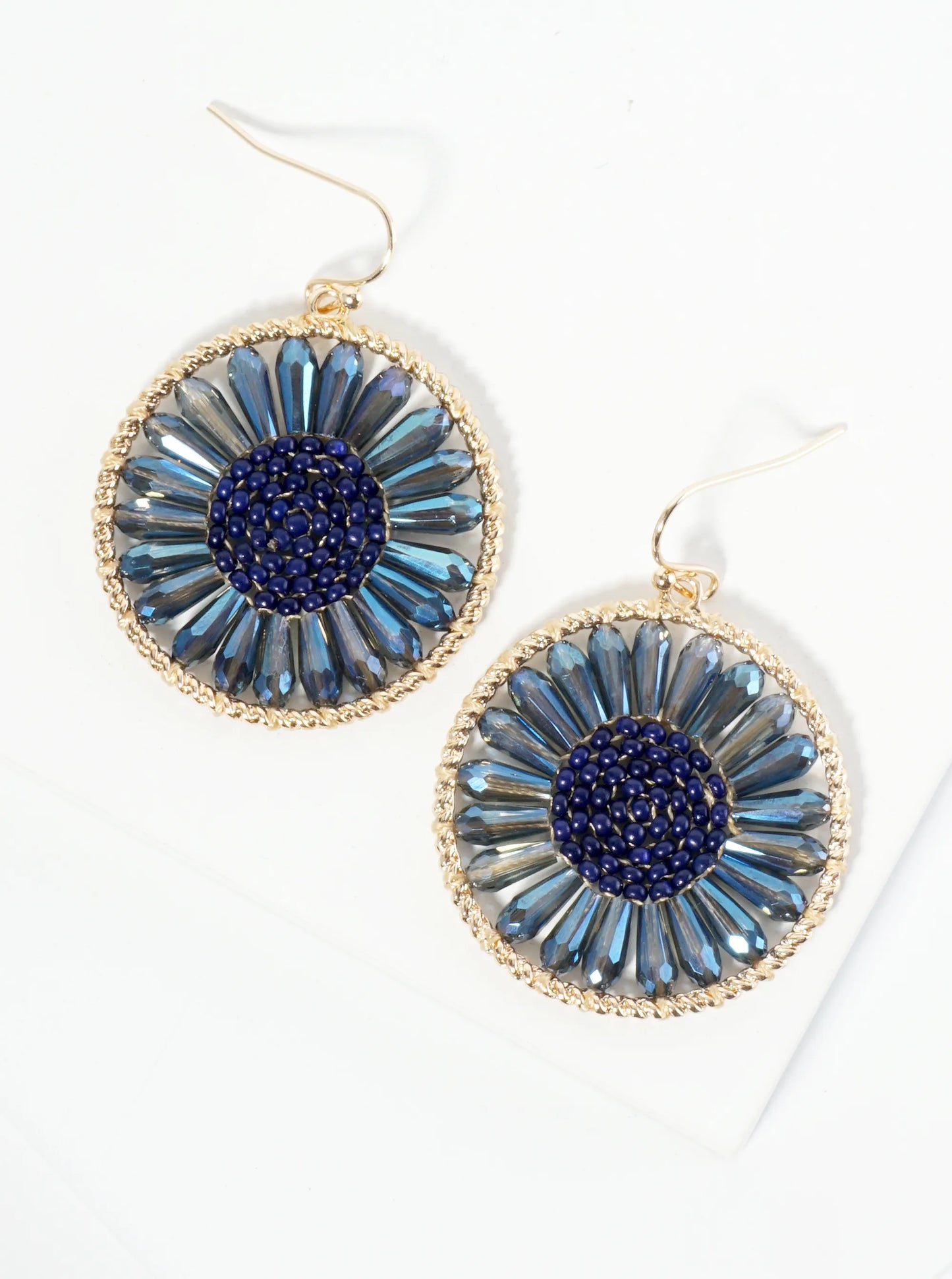 Circle Earrings With Glass Beads Woven Into A Flower Shape