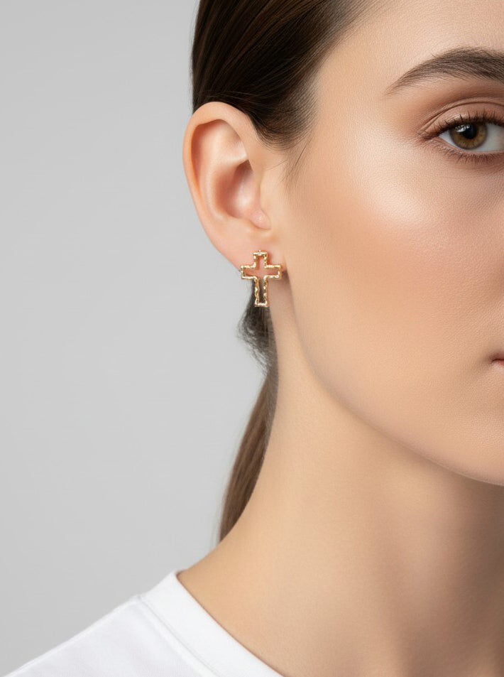 Classic Cross Hammered Post Back Earrings