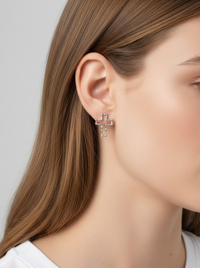 Classic Cross Hammered Post Back Earrings