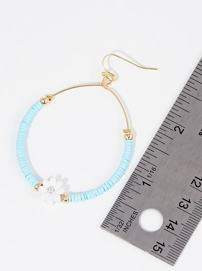Clay Beaded Flower Charm Circle Wire Dangle Drop Earrings