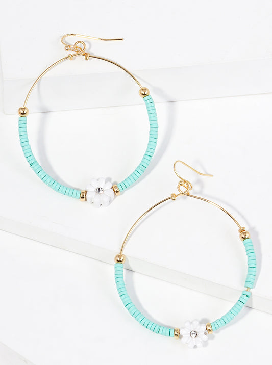 Clay Beaded Flower Charm Circle Wire Dangle Drop Earrings