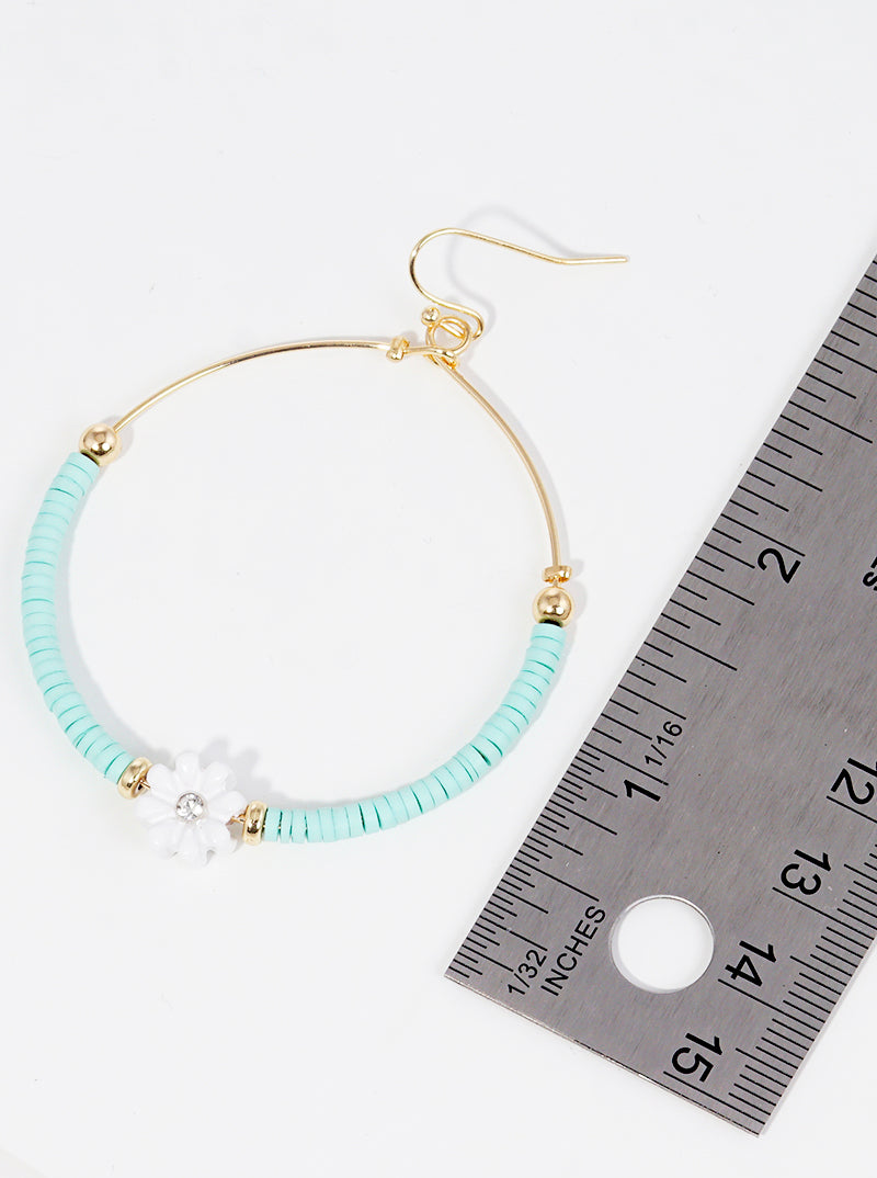 Clay Beaded Flower Charm Circle Wire Dangle Drop Earrings