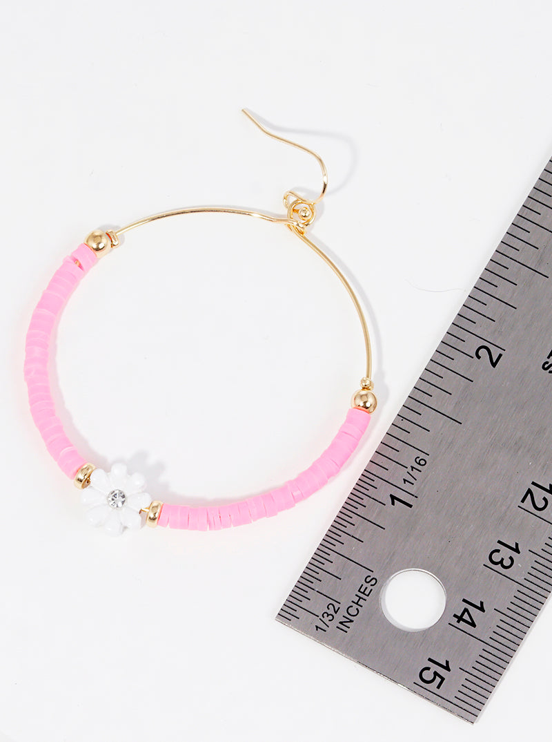 Clay Beaded Flower Charm Circle Wire Dangle Drop Earrings
