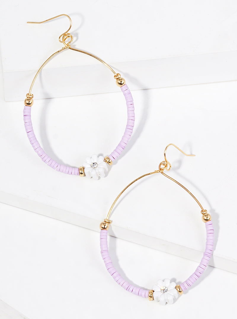 Clay Beaded Flower Charm Circle Wire Dangle Drop Earrings