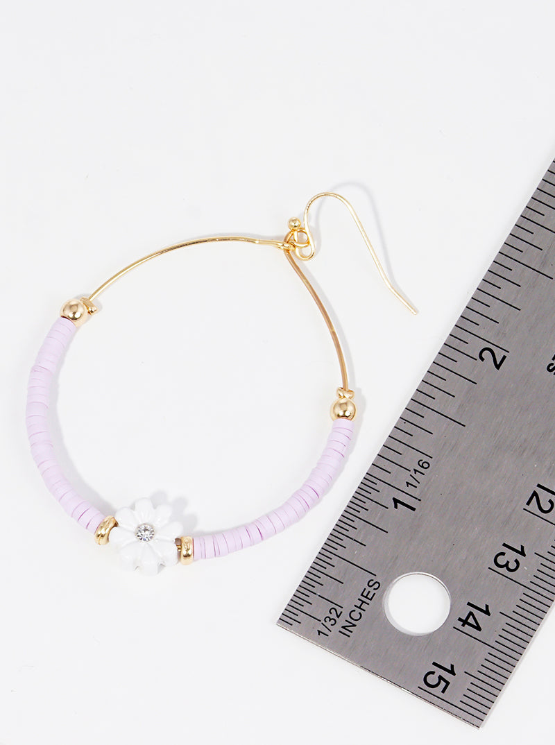Clay Beaded Flower Charm Circle Wire Dangle Drop Earrings