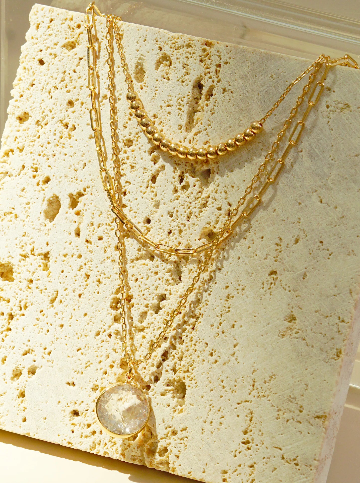 Clear Stone Pendant 3-Layer Multi Chain Necklace