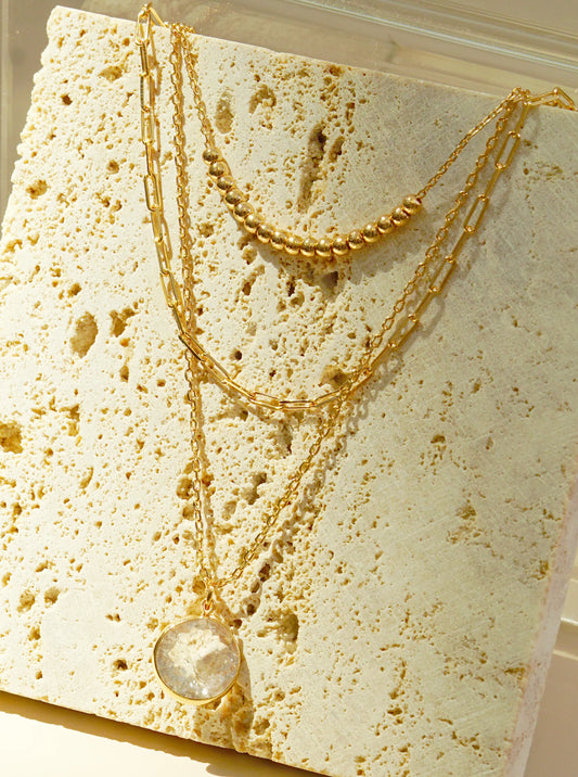 Clear Stone Pendant 3-Layer Multi Chain Necklace