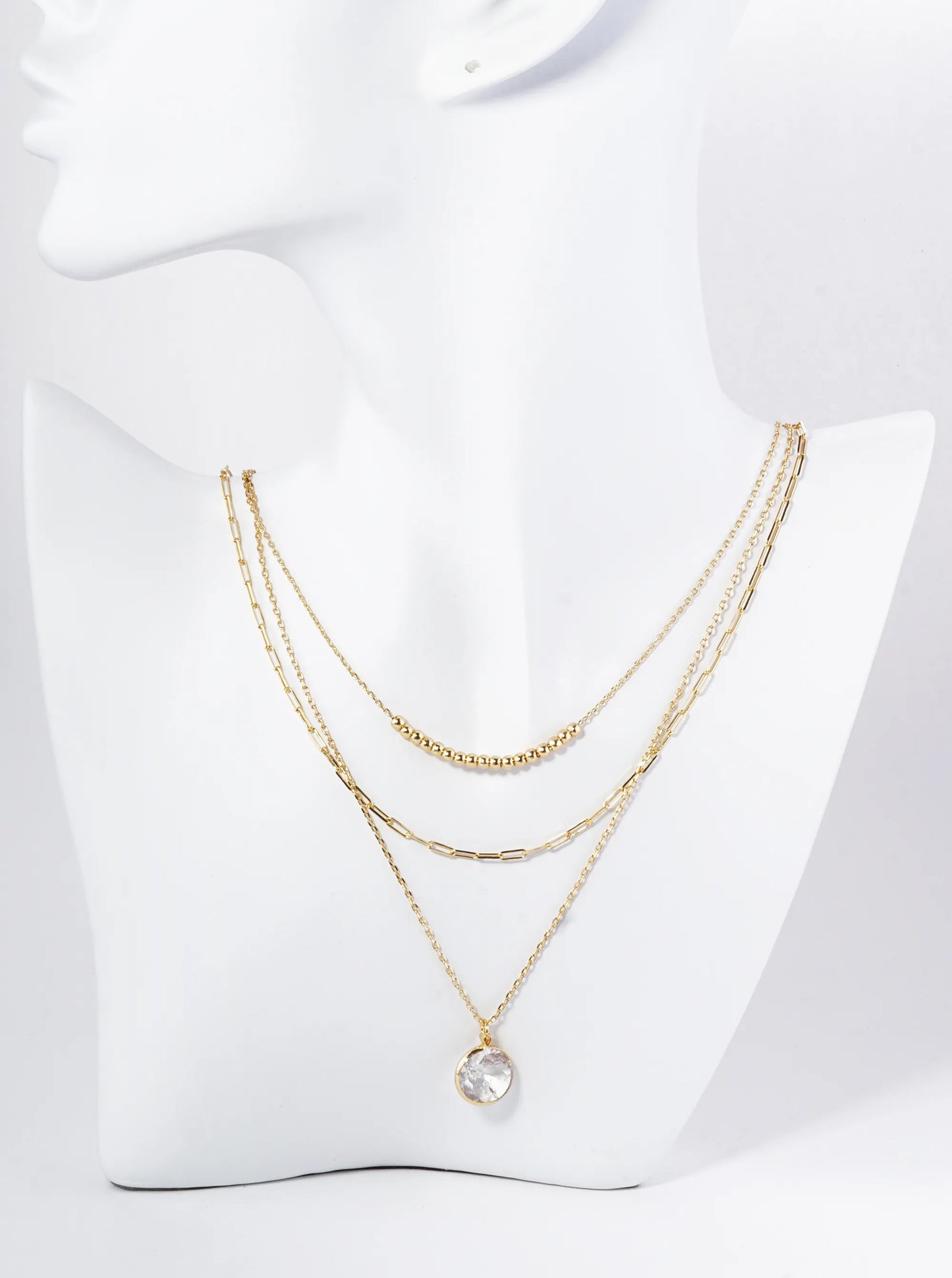 Clear Stone Pendant 3-Layer Multi Chain Necklace