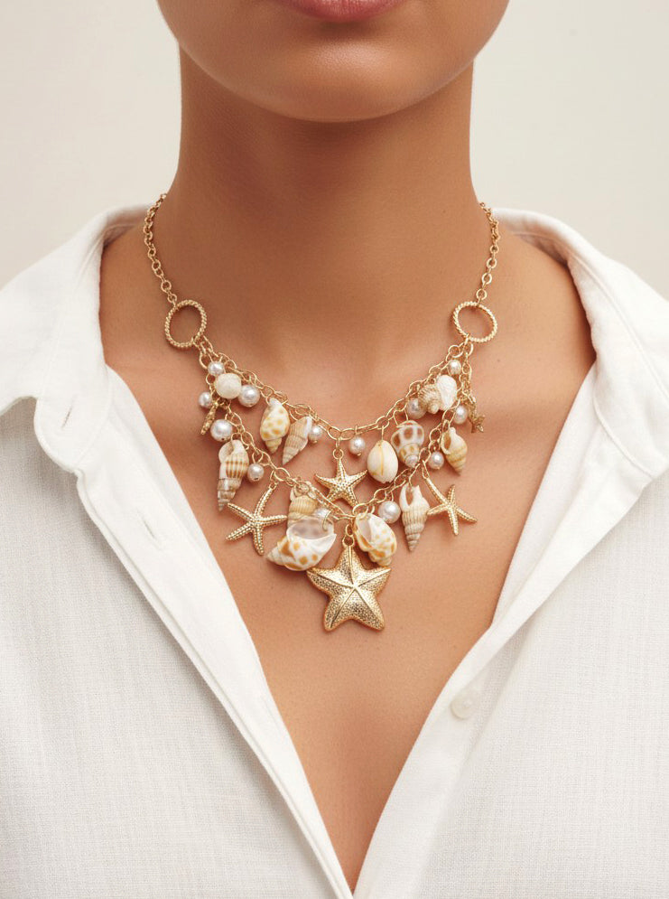 Coastal Shell & Starfish Charm Statement Necklace