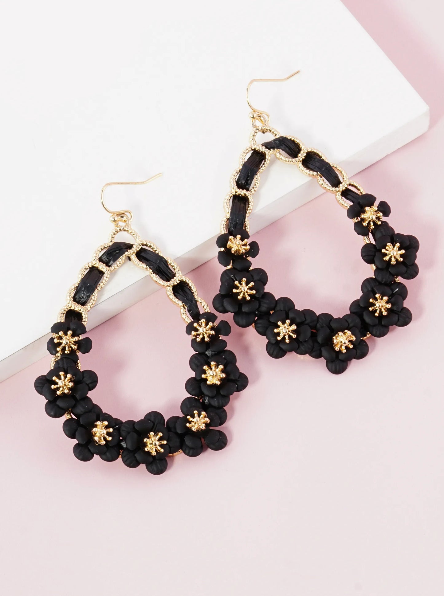 Color Coated Raffia Teardrop Earrings With Floral Accents