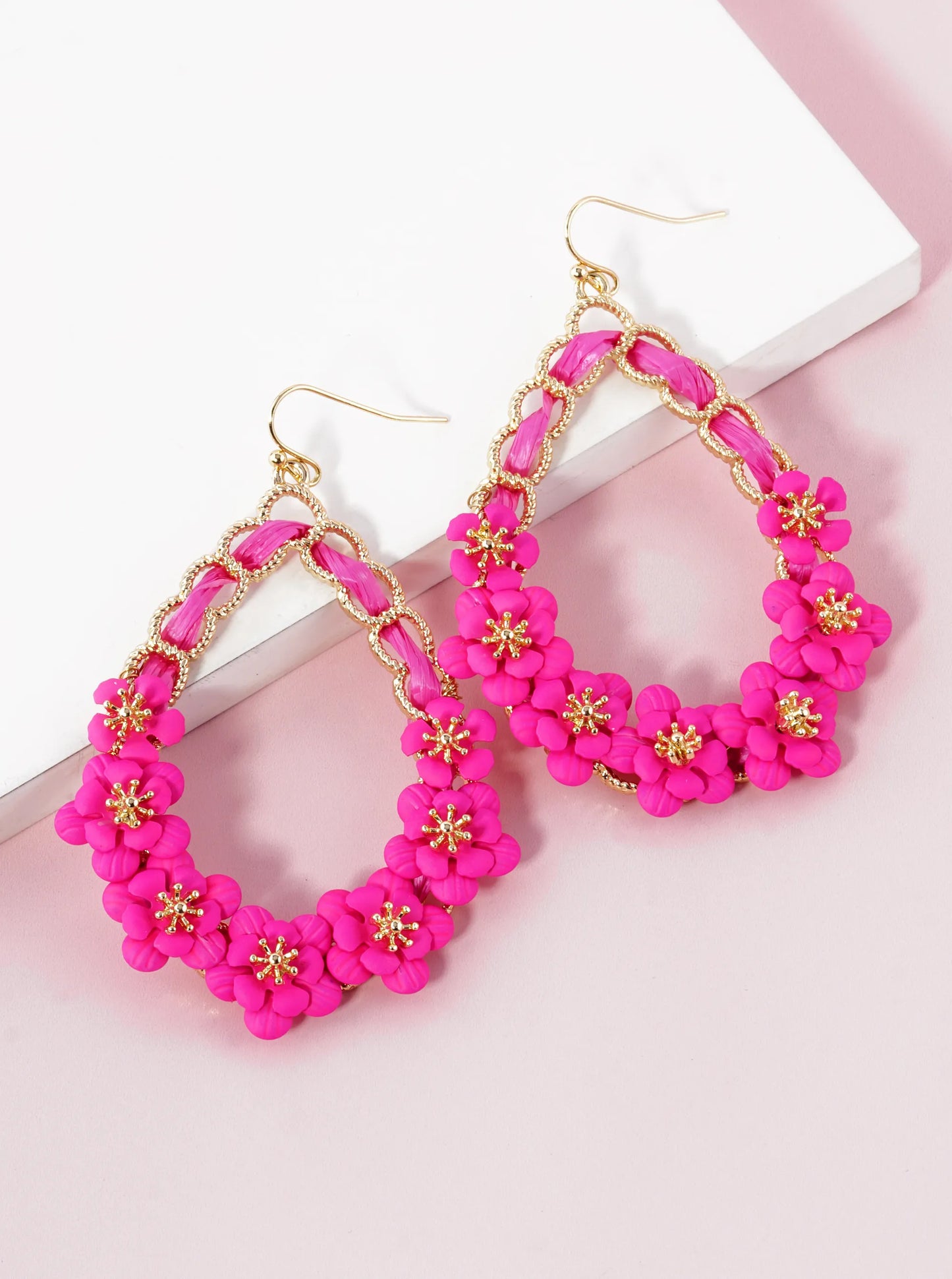 Color Coated Raffia Teardrop Earrings With Floral Accents