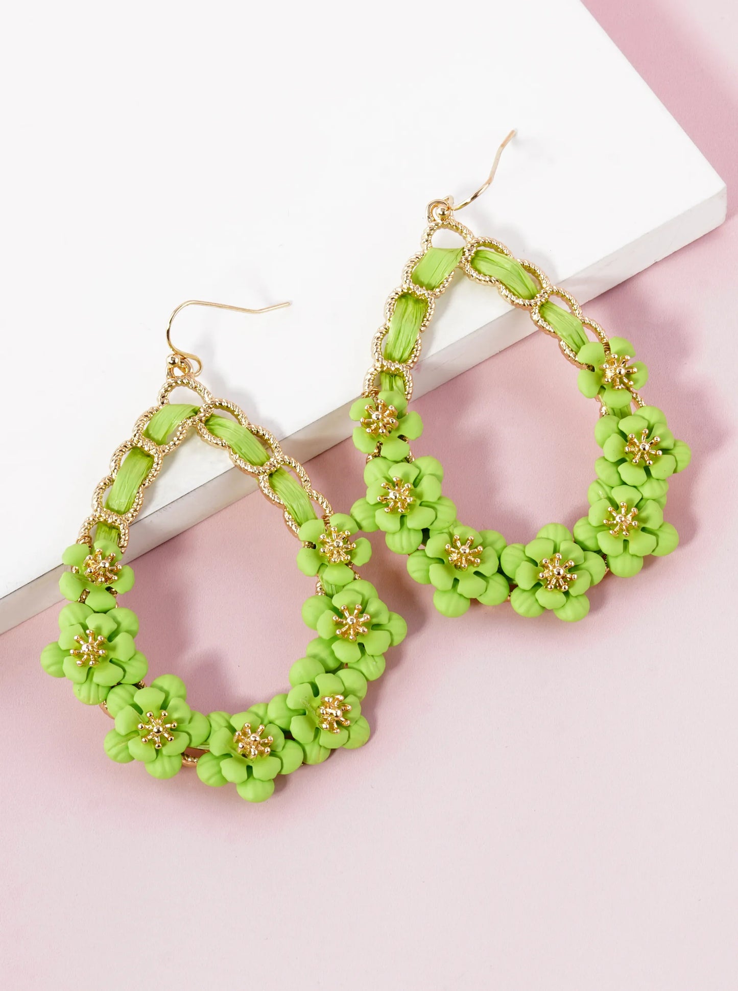 Color Coated Raffia Teardrop Earrings With Floral Accents