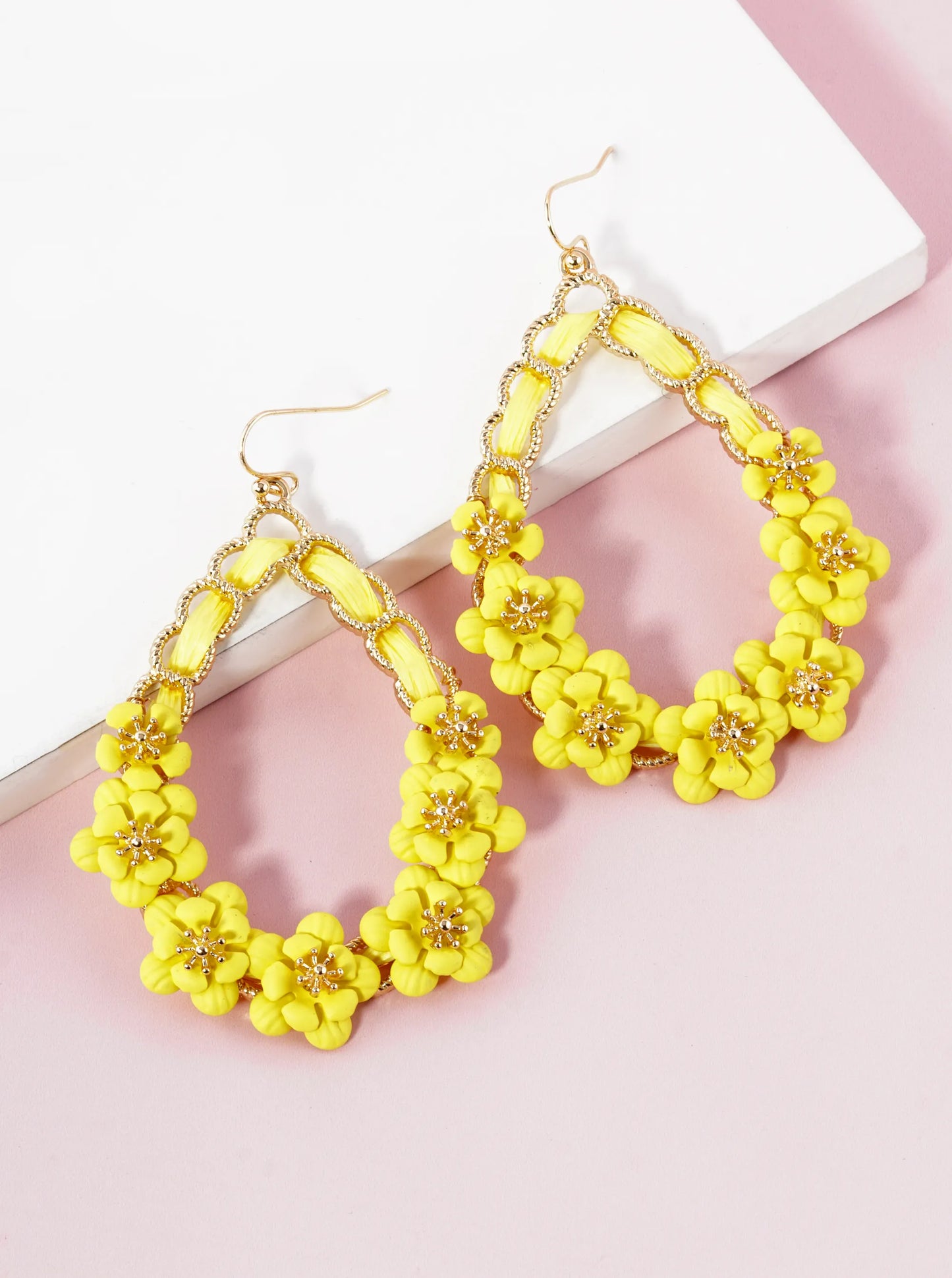 Color Coated Raffia Teardrop Earrings With Floral Accents