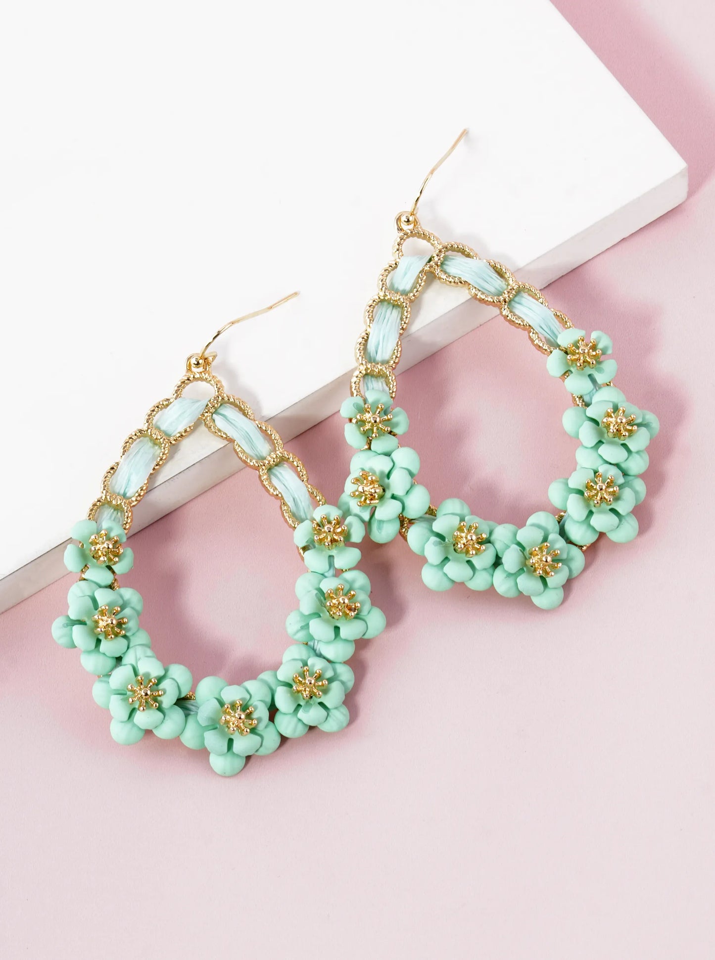 Color Coated Raffia Teardrop Earrings With Floral Accents