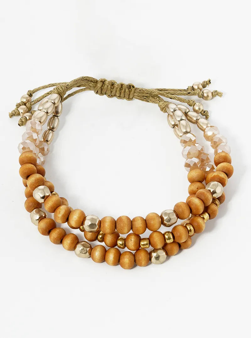 Color Wood And Metal 3 Layer Twine Pull Tie Bracelet