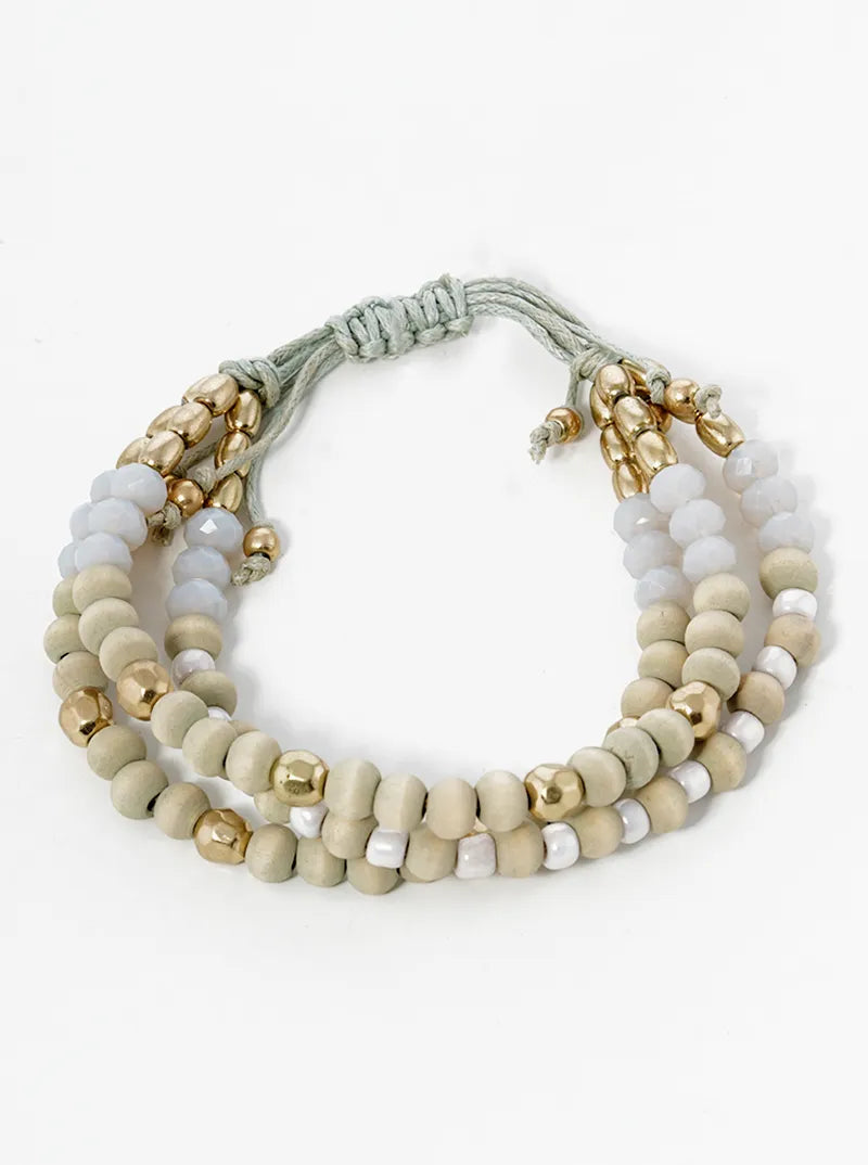 Color Wood And Metal 3 Layer Twine Pull Tie Bracelet