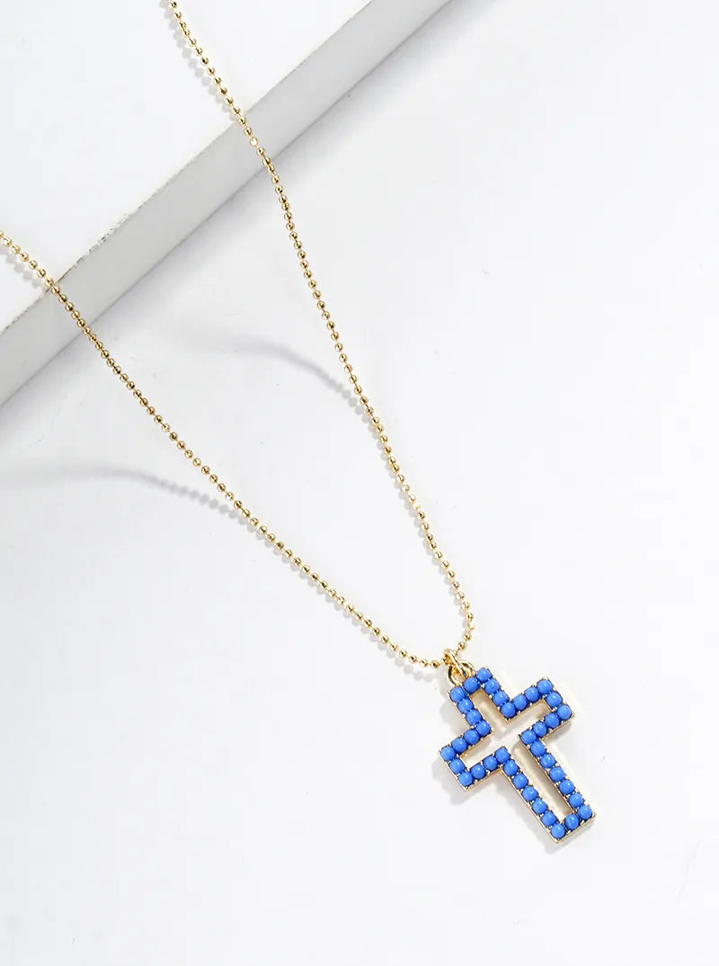 Color Beaded Cross Pendant Ball Chain Necklace
