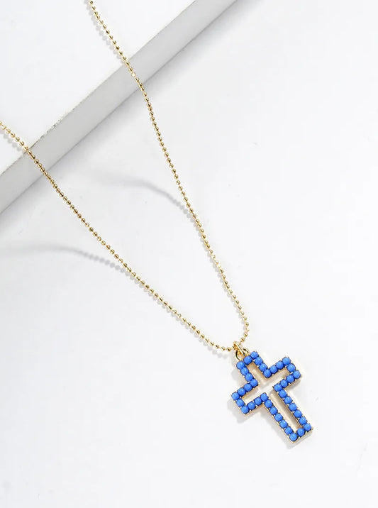 Color Beaded Cross Pendant Ball Chain Necklace