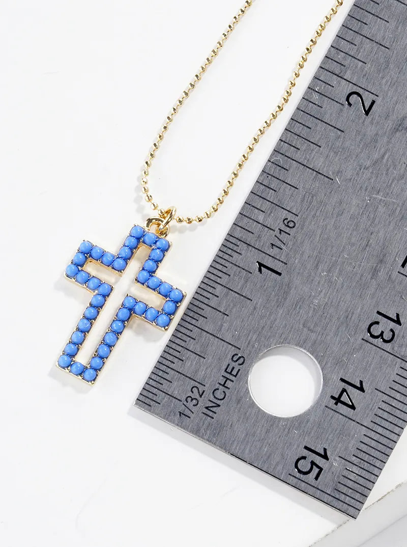 Color Beaded Cross Pendant Ball Chain Necklace