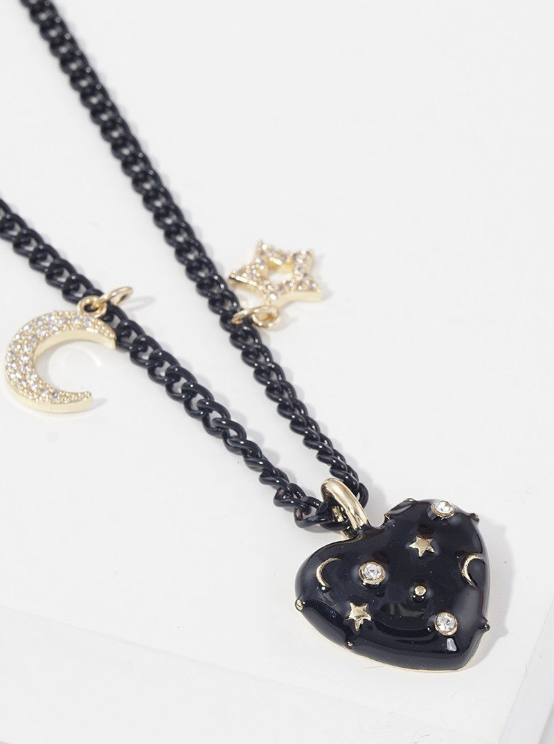 Color Coated Metal Heart Pendant With CZ Stars Magnetic Closure Chain Necklace Black