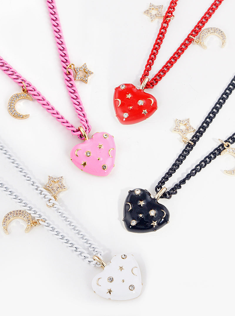 Color Coated Metal Heart Pendant With CZ Stars Magnetic Closure Chain Necklace