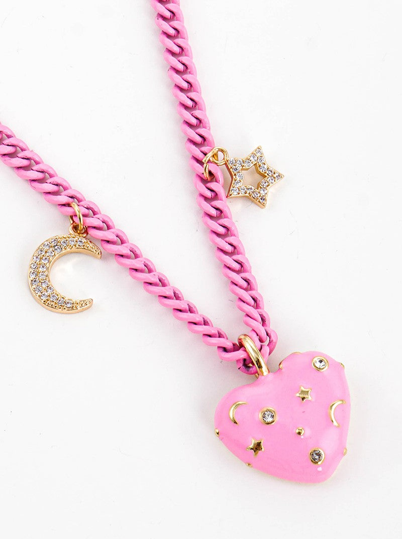 Color Coated Metal Heart Pendant With CZ Stars Magnetic Closure Chain Necklace Pink