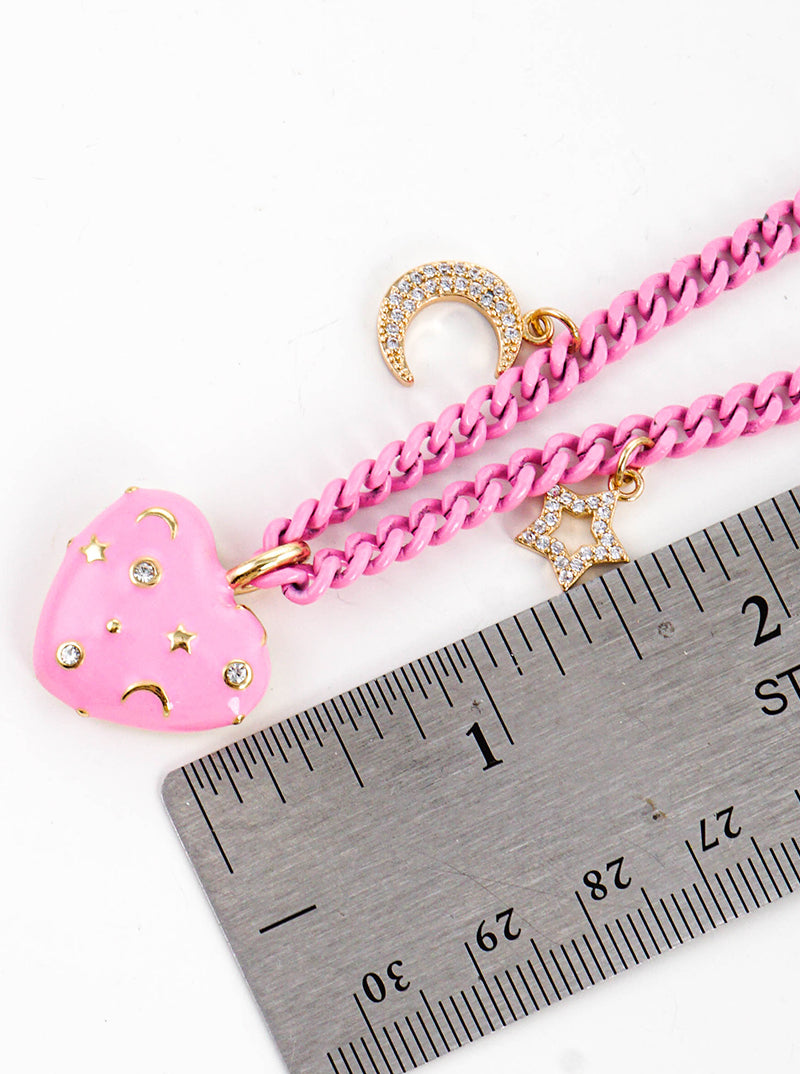 Color Coated Metal Heart Pendant With CZ Stars Magnetic Closure Chain Necklace