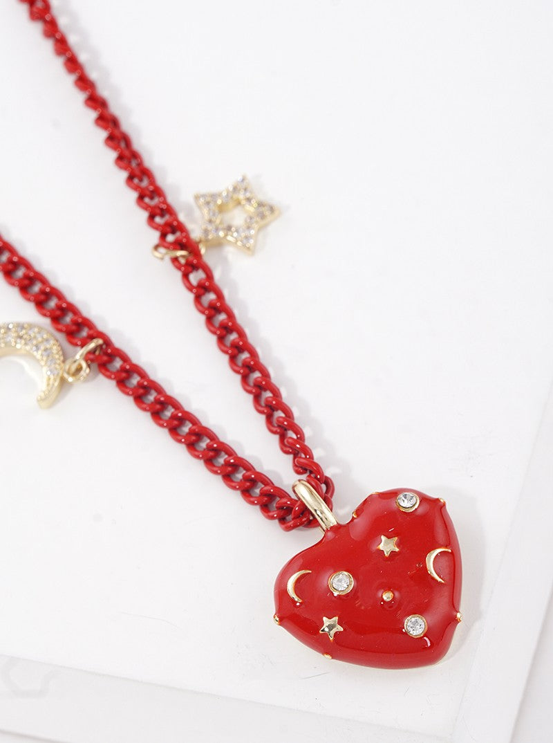 Color Coated Metal Heart Pendant With CZ Stars Magnetic Closure Chain Necklace