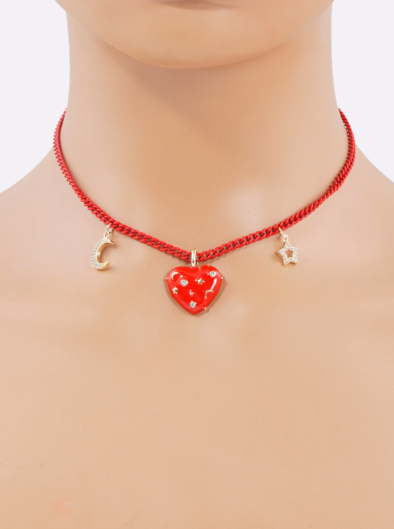 Color Coated Metal Heart Pendant With CZ Stars Magnetic Closure Chain Necklace