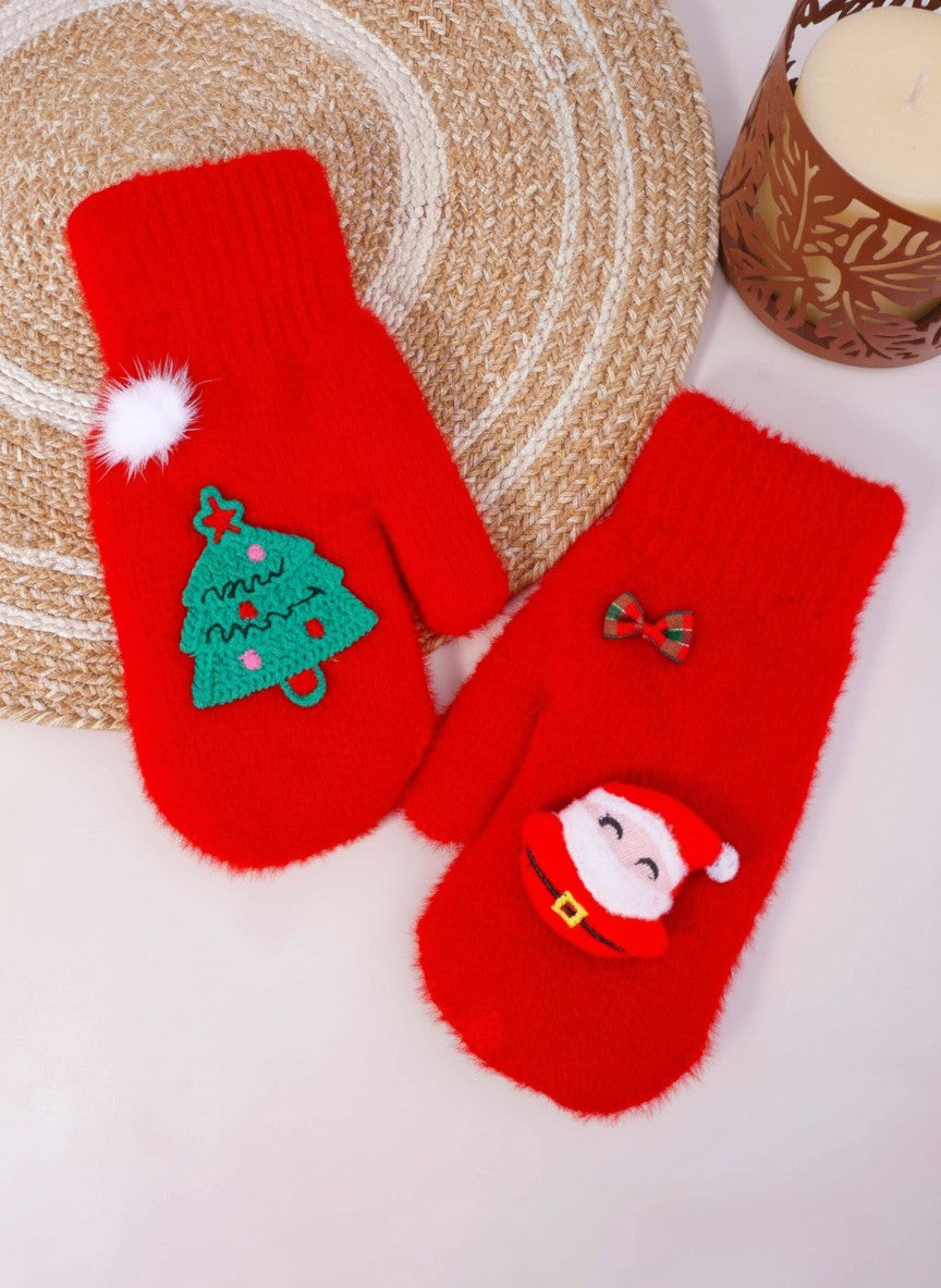 Cozy Fuzzy Santa Christmas Tree Mittens - Red
