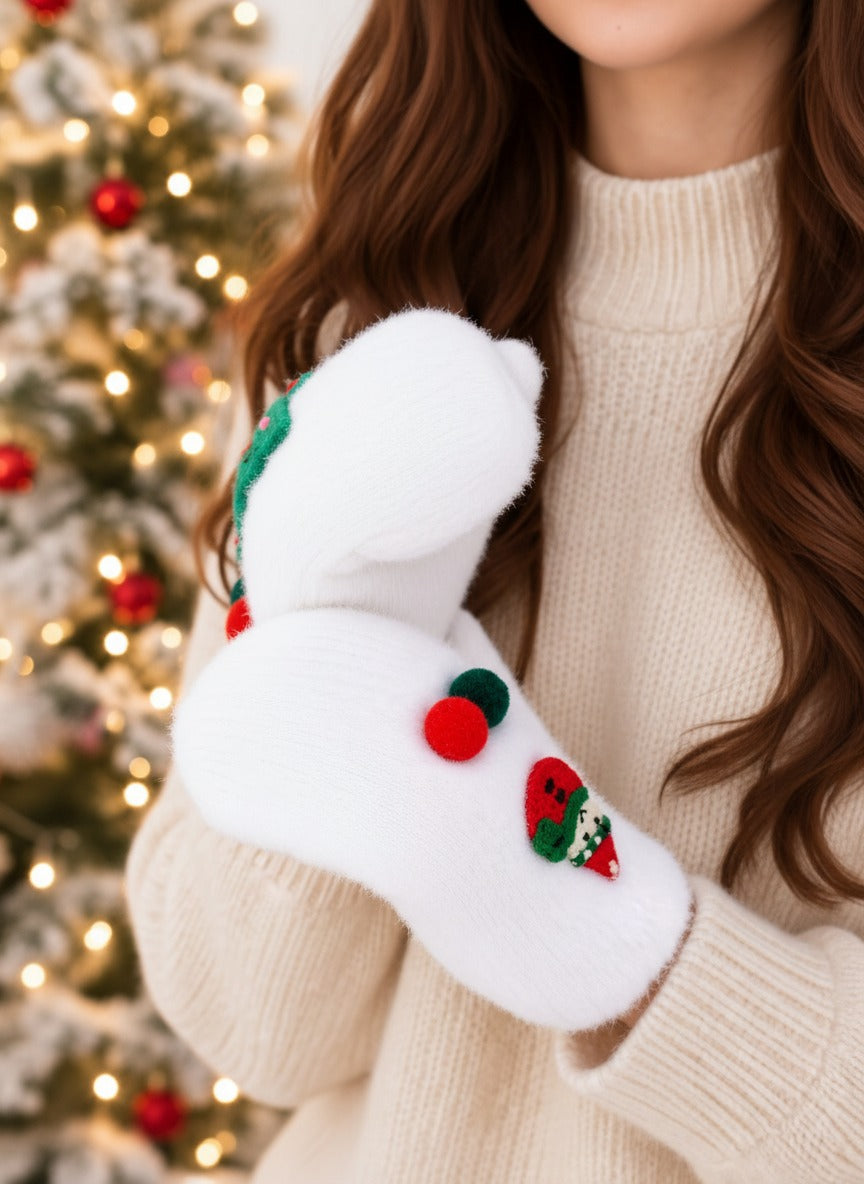 Cozy Fuzzy Snowman Christmas Tree Mittens - White