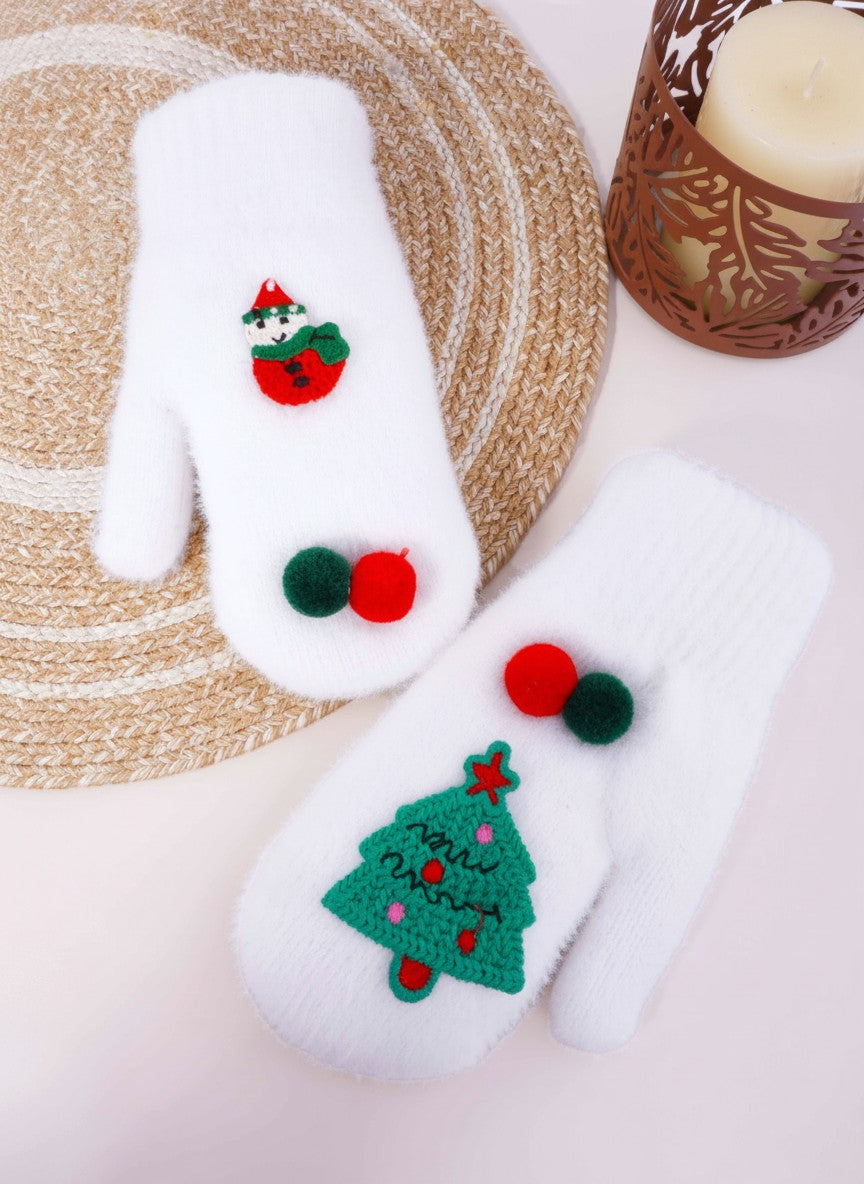 Cozy Fuzzy Snowman Christmas Tree Mittens - White