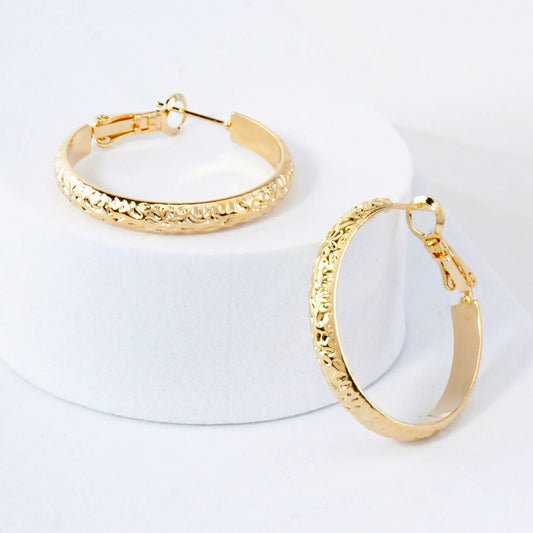 Crinkled-Texture 4mm Wide 14K-Gold-Dipped Brass 30mm Omega-Back Hoop Earrings