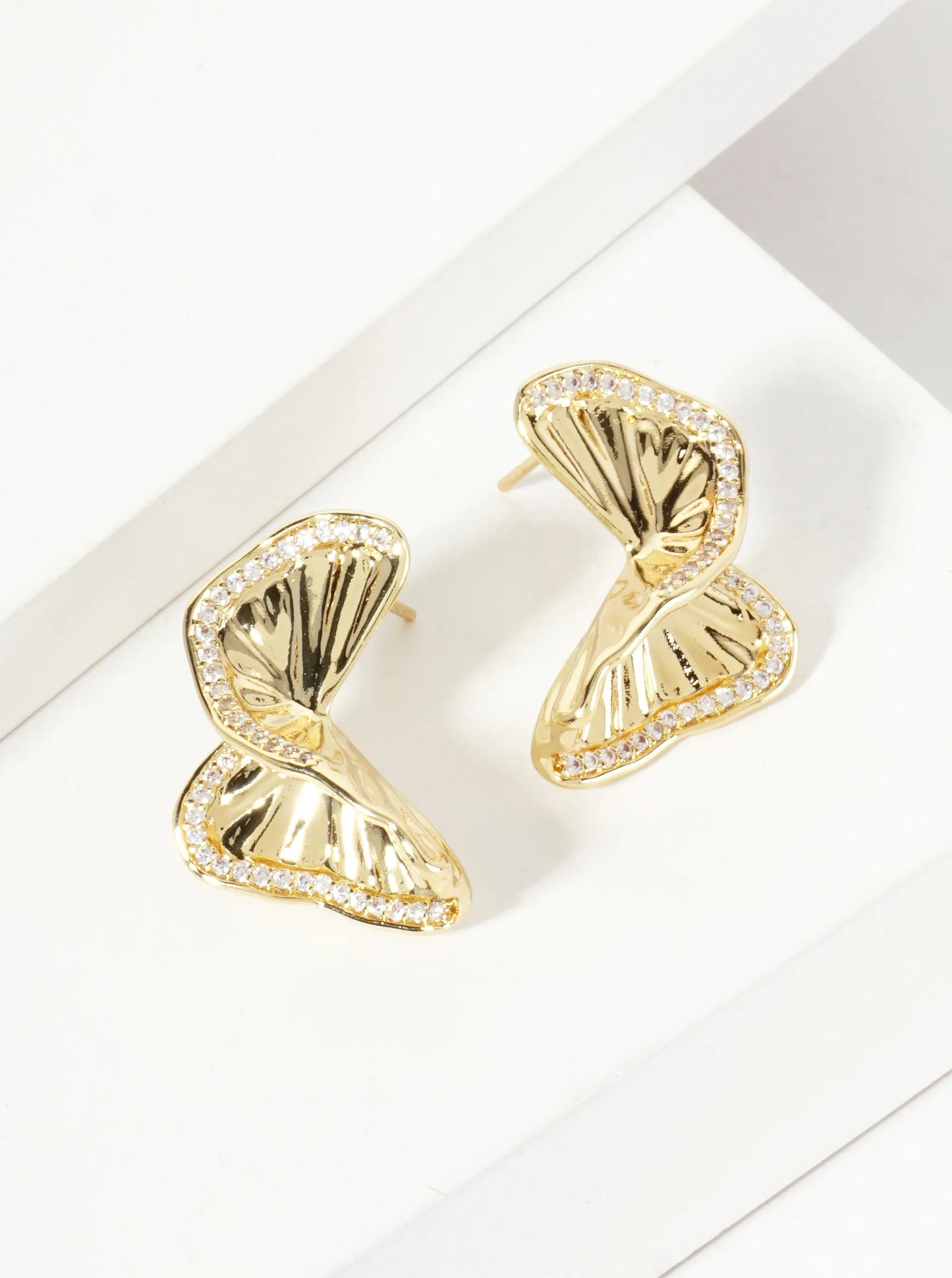 Crinkled-Texture Organic Butterfly-Shaped 18K-Gold-Dipped Post Earrings With A Single Row CZ-Set Along The Edge