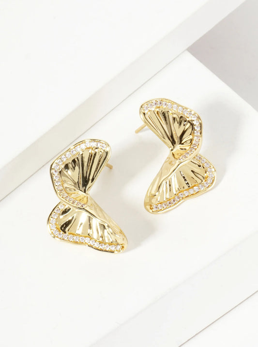Crinkled-Texture Organic Butterfly-Shaped 18K-Gold-Dipped Post Earrings With A Single Row CZ-Set Along The Edge