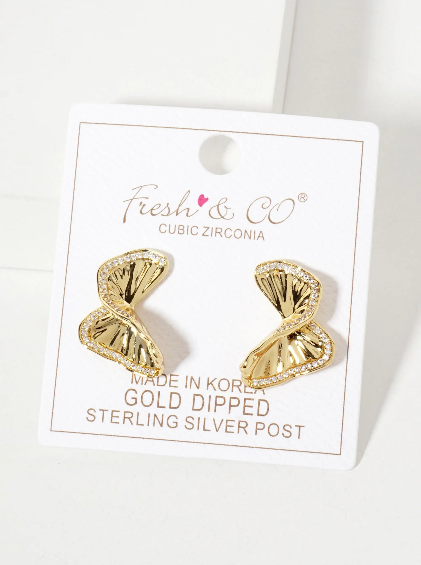 Crinkled-Texture Organic Butterfly-Shaped 18K-Gold-Dipped Post Earrings With A Single Row CZ-Set Along The Edge