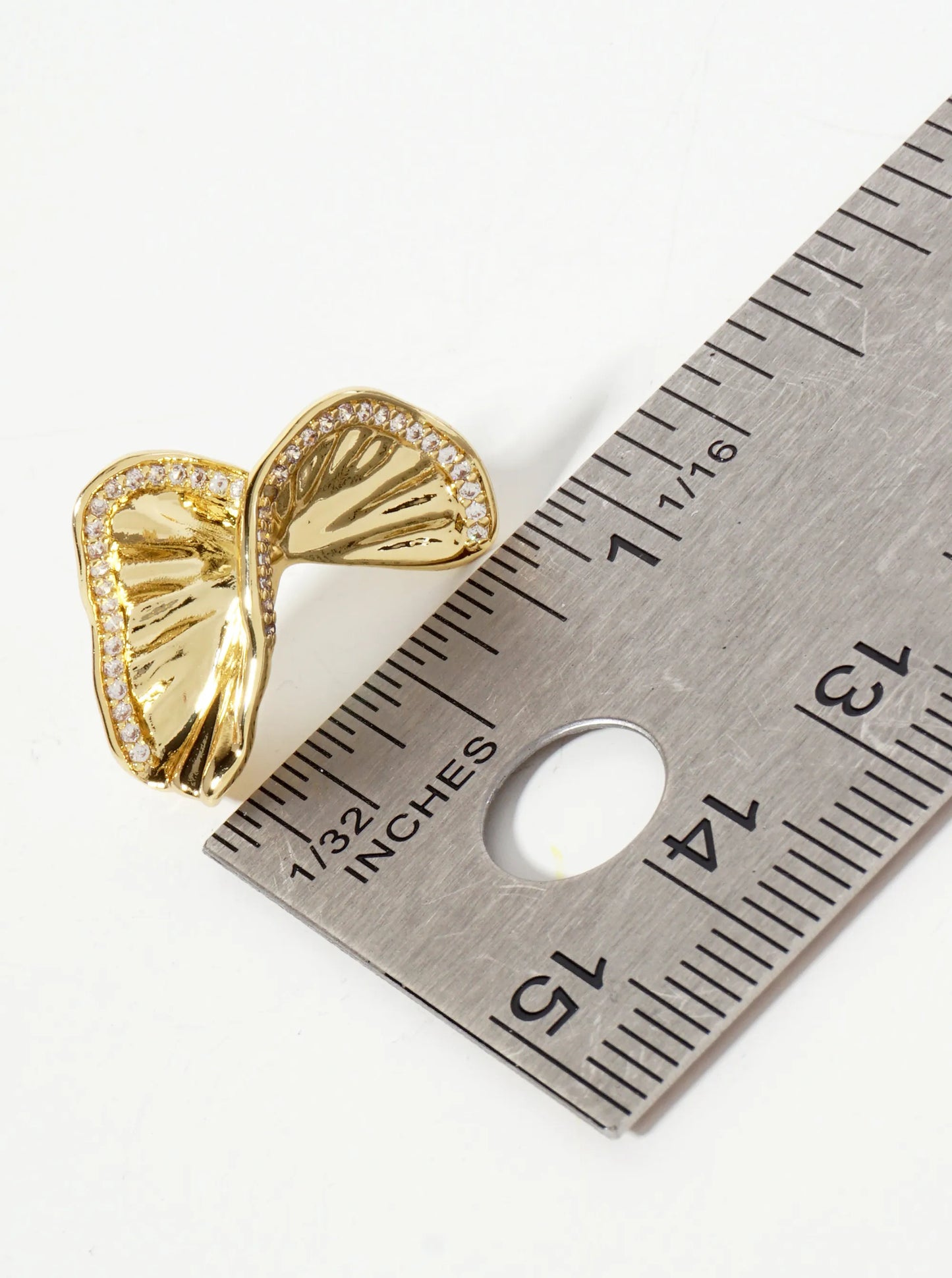 Crinkled-Texture Organic Butterfly-Shaped 18K-Gold-Dipped Post Earrings With A Single Row CZ-Set Along The Edge
