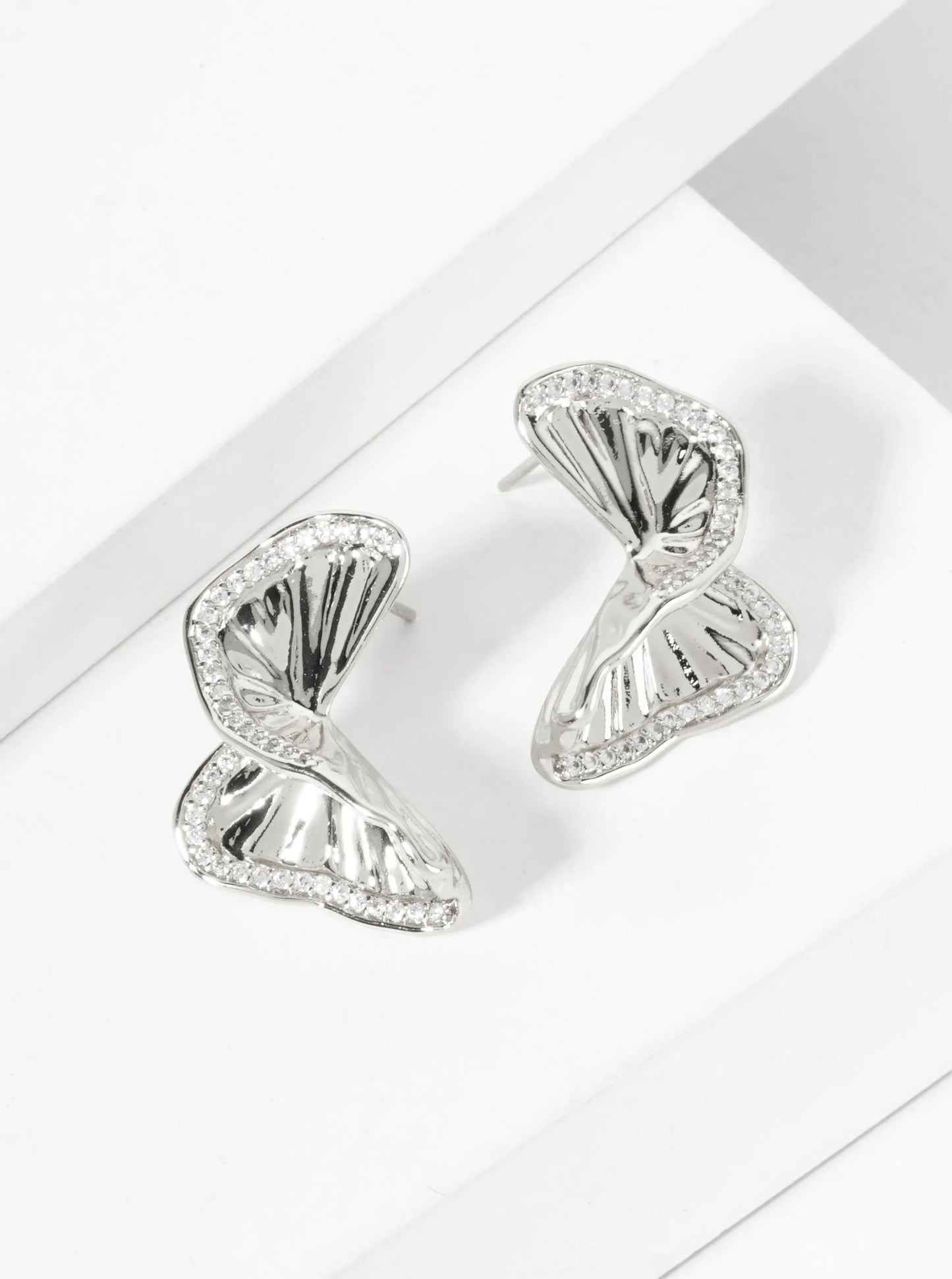 Crinkled-Texture Organic Butterfly-Shaped 18K-Gold-Dipped Post Earrings With A Single Row CZ-Set Along The Edge