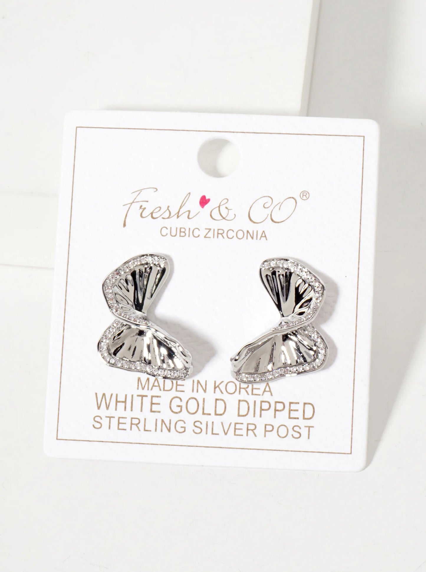 Crinkled-Texture Organic Butterfly-Shaped 18K-Gold-Dipped Post Earrings With A Single Row CZ-Set Along The Edge