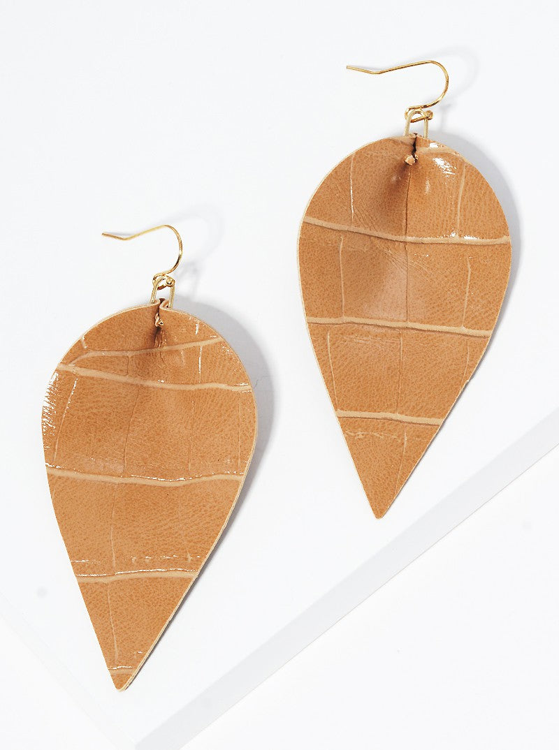 Crocodile Animal Printed Leaf Shape Leatherette Dangle Drop Earrings