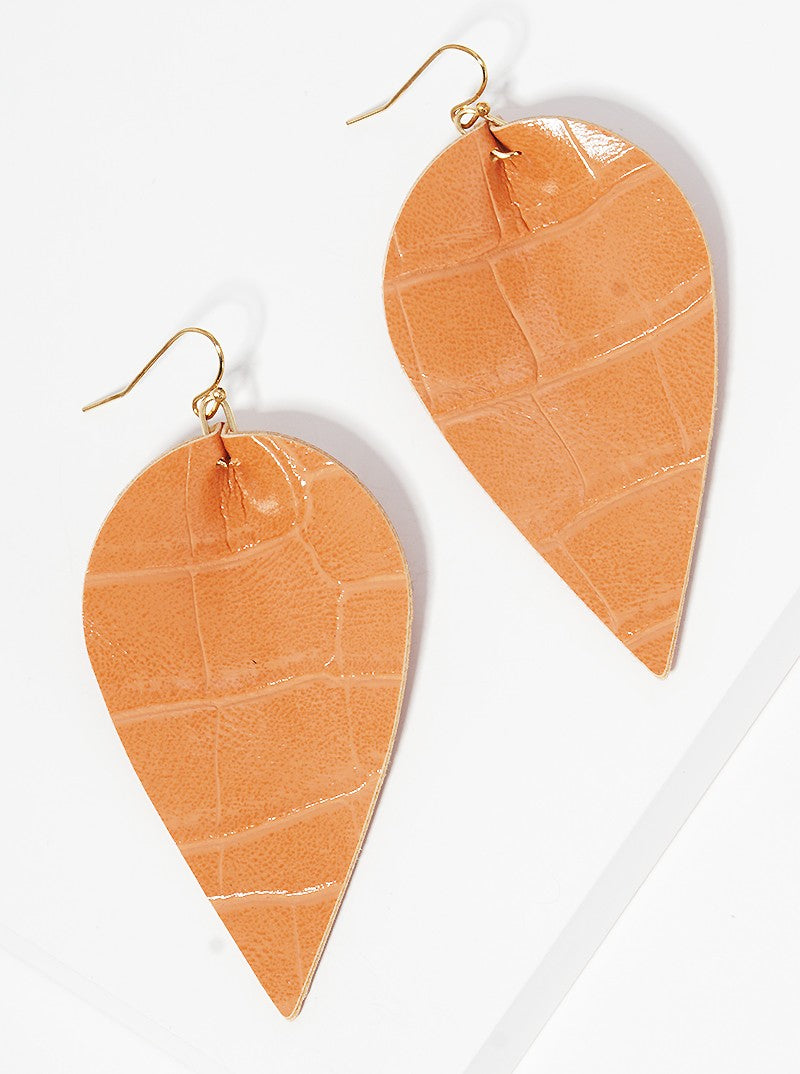 Crocodile Animal Printed Leaf Shape Leatherette Dangle Drop Earrings