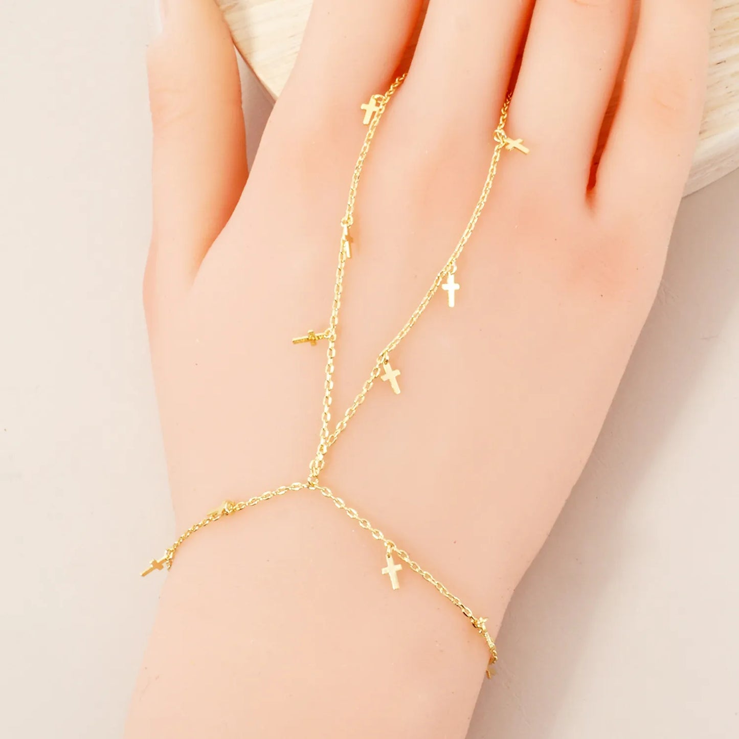 Cross Charms 18K-Gold-Dipped Delicate Brass Hand-Chain Bracelet