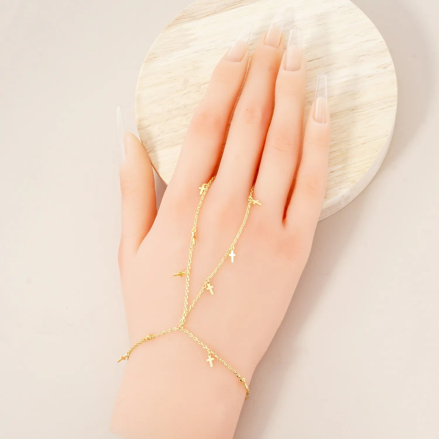 Cross Charms 18K-Gold-Dipped Delicate Brass Hand-Chain Bracelet